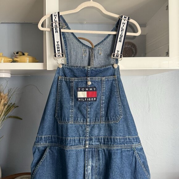 Vintage 90s Tommy Hilfiger Denim Overalls Loose Spellout Hip Hop XL Baggy - Picture 2 of 13
